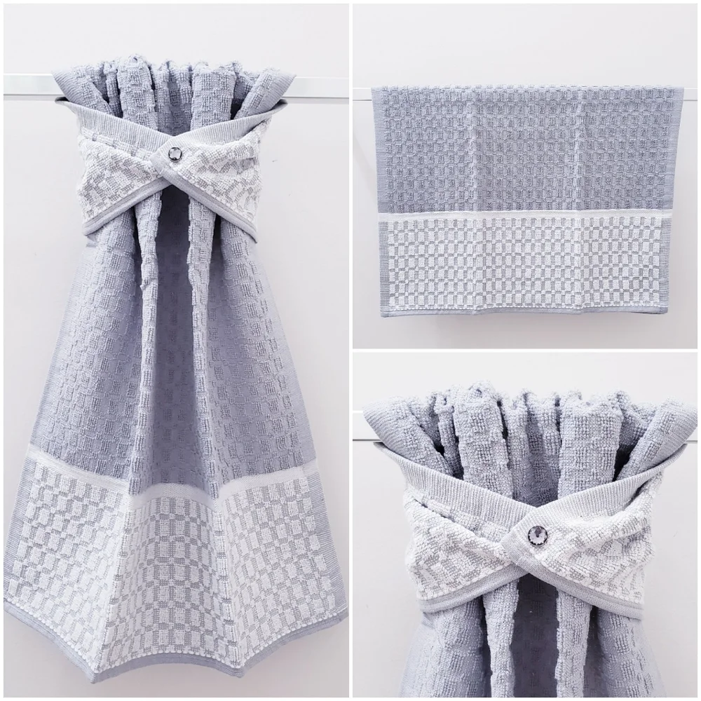 💟NEW!⬜️ #9040-A ■Silver Block design Hang'N'Snap HAND Towel GRAY SNAP